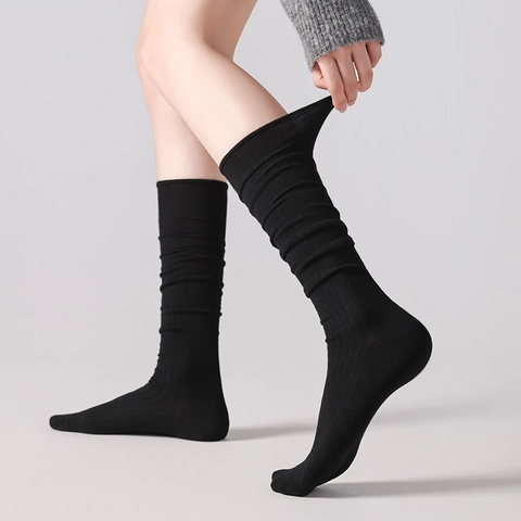 Women Wool Blend Slouch Socks Warm Ribbed Solid Color Japanese JK Style Calf High Thick Elastic Winter Autumn