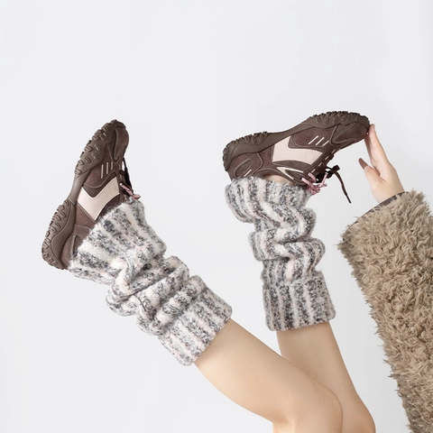 Calentadores Piernas Mujer Punto Rayas Calcetines Slouchy Gruesos Cálidos Invierno Retro Harajuku Japonés
