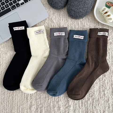Damen Slouch Socken Baumwolle Rippstrick Mittelhoch Mit Umschlagmanschette Stoffetikett Vielseitig Einfarbig Mode