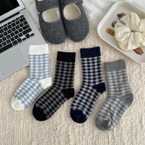 Calze Al Polpaccio Donna Maglia Misto Cotone Motivo Quadri Gingham Morbido Traspirante Stile Accademia Coreano Casual