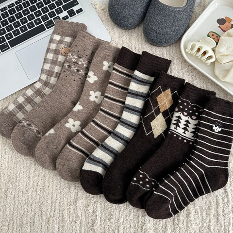 Calze Di Lana Donna Spesse Calde Inverno Maglia Retrò Strisce Argyle Quadri Ricamo Vintage Marrone