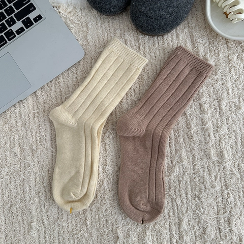 Damen Wollmischung Slouch Socken Japanische Zopfmuster Gerippt Gestreift Wadenlang Thermisch Winter Akademischer Stil