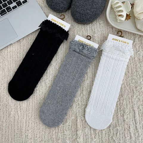 Lace Trim Mid Tube Socks Cotton Blend Cable Knit Sweet Japanese JK Style Solid Color Breathable For Women