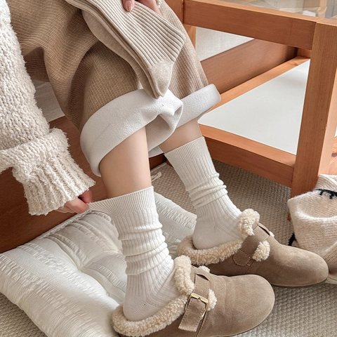 Calcetines Slouch Para Mujer Engrosados Cálidos Poliéster Acrílico Punto Canalé Media Pantorrilla Estilo Japonés Color Sólido