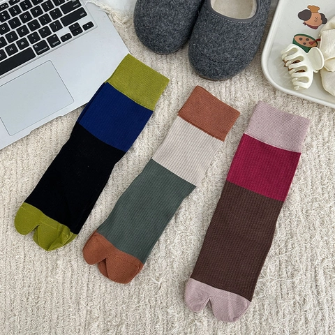 Calze Tabi Da Donna Stile Giapponese Contrasto Colore Blocco Misto Cotone A Coste Retro Harajuku Calzini Di Moda