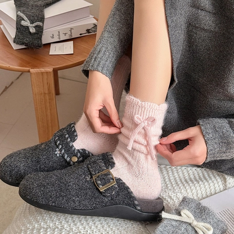 Damen Stulpen Socken Verdickte Warme Wollmischung Rippstrick Rüschenbesatz Schleifendekor Süßer Winter