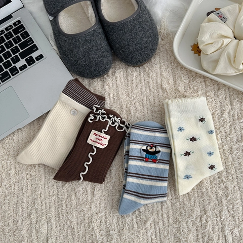 Calze Metà Polpaccio Cotone Maglia Donna Dolce Floreale Righe Ricamo Pinguino Volant Bottone Patch Stile Coreano