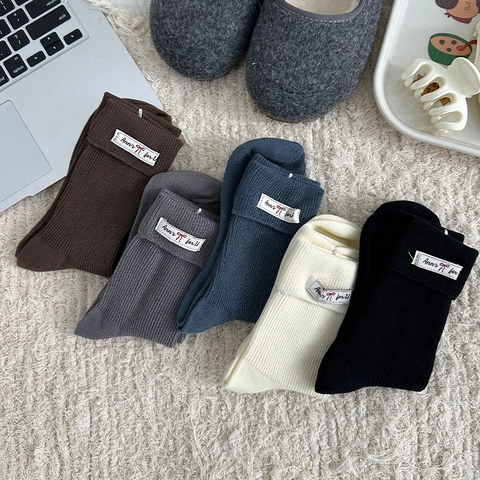 Damen Slouch Socken Baumwolle Rippstrick Mittelhoch Mit Umschlagmanschette Stoffetikett Vielseitig Einfarbig Mode