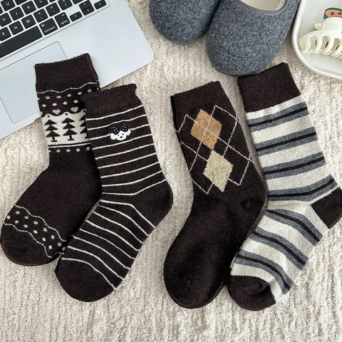Calze Di Lana Donna Spesse Calde Inverno Maglia Retrò Strisce Argyle Quadri Ricamo Vintage Marrone