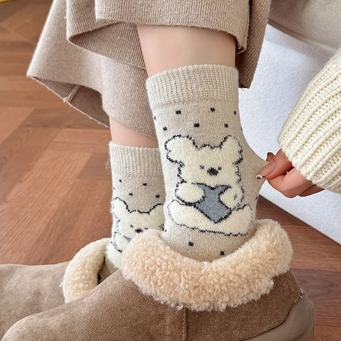 Women Slouch Socks Wool Blend Knit Thickened Warm Cartoon Bear Heart Polka Dot Japanese Preppy Style Autumn Winter