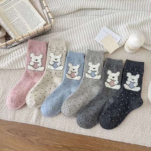 Women Slouch Socks Wool Blend Knit Thickened Warm Cartoon Bear Heart Polka Dot Japanese Preppy Style Autumn Winter