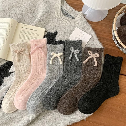 Damen Stulpen Socken Verdickte Warme Wollmischung Rippstrick Rüschenbesatz Schleifendekor Süßer Winter