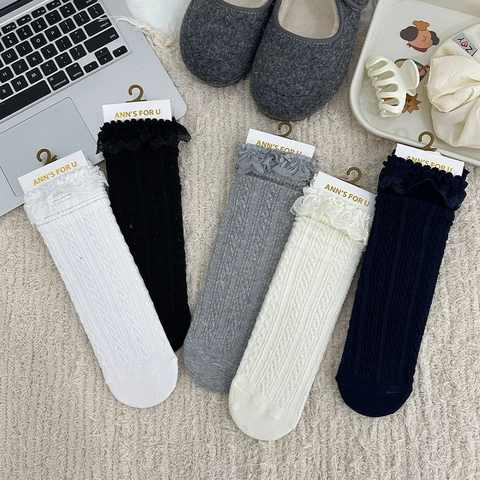Lace Trim Mid Tube Socks Cotton Blend Cable Knit Sweet Japanese JK Style Solid Color Breathable For Women