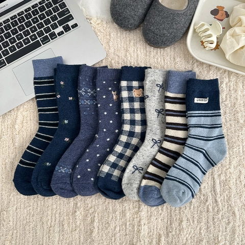 Calze Da Donna Spesse Calde In Misto Lana Maglia Stile Giapponese Ricamo A Righe Floreale Polka Dot Autunno Inverno