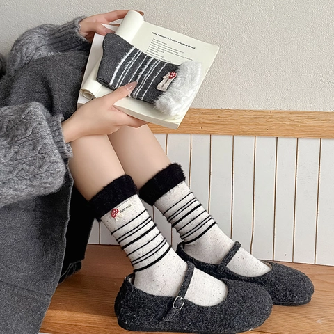 Calze Metà Polpaccio Donna Polsino Pelliccia Sintetica Strisce Cotone Caldo Spesso Inverno Ricamo Fungo Stile Dolce