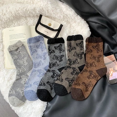 Damen Crew Socken Wollmischung Verdickt Warm Winter Bärenmuster Jacquard Vintage Slouchy Stil