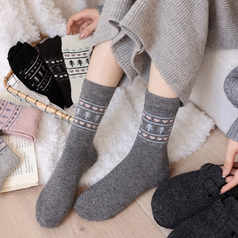 Women Wool Blend Slouch Socks Heart Tree Jacquard Fair Isle Thick Warm Winter Mid Tube