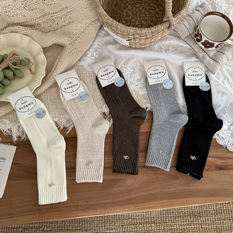 Women Slouch Socks Cotton Ribbed Knit Mid Calf Crew Socks Sweet Bow Decoration Solid Color Korean Japanese Style