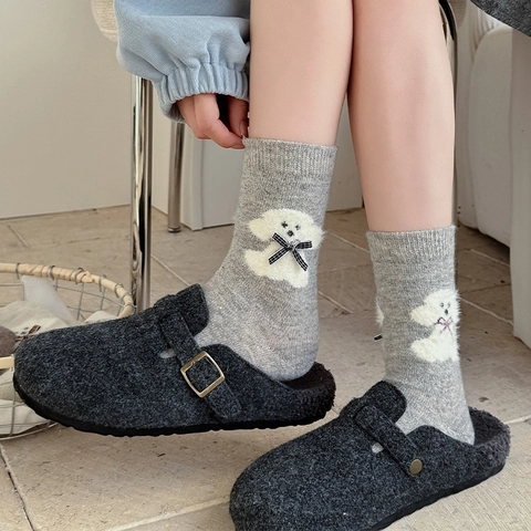 Women Slouch Socks Warm Wool Blend Knitted Thickened Plush Dog Pattern Plaid Bow Sweet Japanese Style