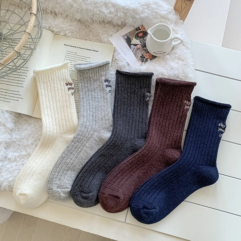Women Crew Socks Wool Blend Ribbed Warm Autumn Winter Embroidery Letter Korean Lazy Style Slouchy