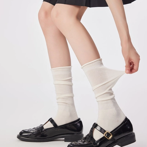 Women Slouch Socks Ribbed Knit Rolled Cuff Calf High Solid Color Japanese JK Style Fall Winter Breathable Soft