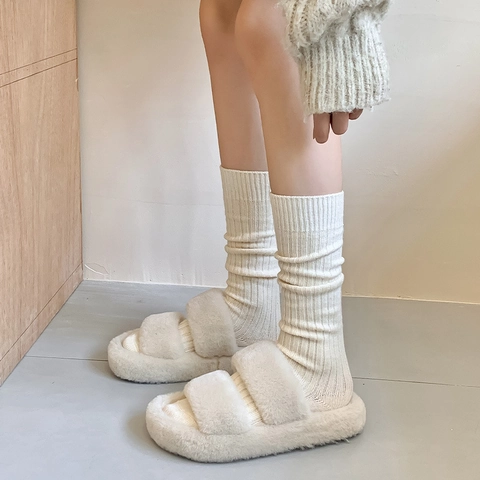 Calcetines Arrugados Mujer Cálidos Punto Canalé Color Sólido Caña Alta Estilo Japonés Otoño Invierno