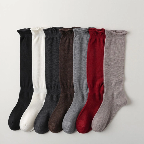 Women Slouch Socks Ribbed Knit Rolled Cuff Calf High Solid Color Japanese JK Style Fall Winter Breathable Soft