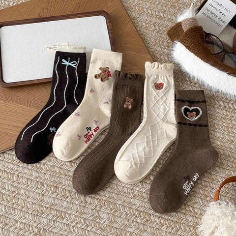 Calze Donna Misto Lana Retro Giapponese Carino Ricamo Orso Cuore Fiocco Volant Caldo Spesso Inverno Polpaccio