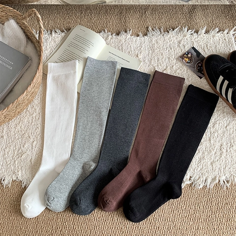 Women Slouch Socks Cotton Blend Ribbed Knit Solid Color Breathable Japanese Style Compression Mid Calf Stockings