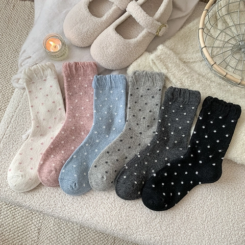 Damen Wollmischung Crew Socken Polka Dot Muster Rüschenrand Thermisch Warm Gestrickt Süß Stil Herbst Winter