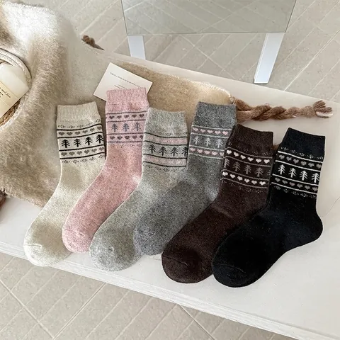 Women Wool Blend Slouch Socks Heart Tree Jacquard Fair Isle Thick Warm Winter Mid Tube