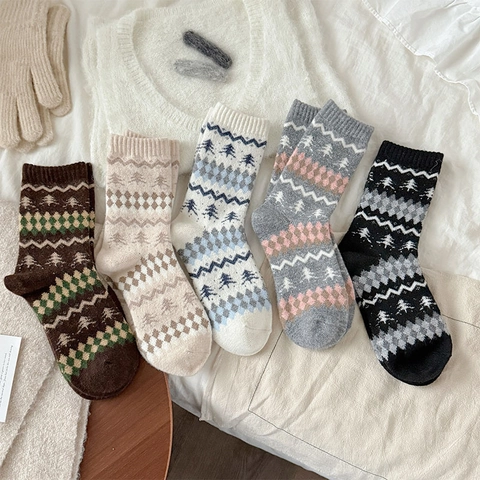 Calze Al Polpaccio Donne Misto Lana Spesso Caldo Inverno Retro Fair Isle Argyle Albero Di Natale Jacquard Traspirante