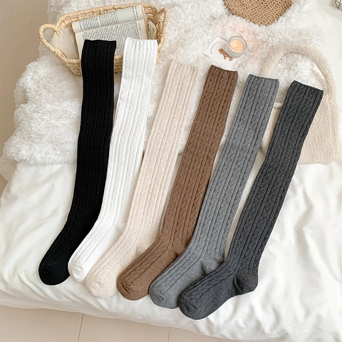 Calcetines Por Encima De La Rodilla De Punto Trenzado Color Sólido Estilo Japonés Medias Altas De Punto Cálidas Para Mujer Otoño Invierno