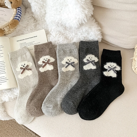 Women Slouch Socks Warm Wool Blend Knitted Thickened Plush Dog Pattern Plaid Bow Sweet Japanese Style