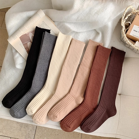Calcetines Arrugados Mujer Cálidos Punto Canalé Color Sólido Caña Alta Estilo Japonés Otoño Invierno