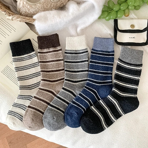 Striped Slouch Socks Wool Blend Knit Thickened Warm Ribbed Cuffs Mid Calf Hosiery Women Japanese Preppy Style