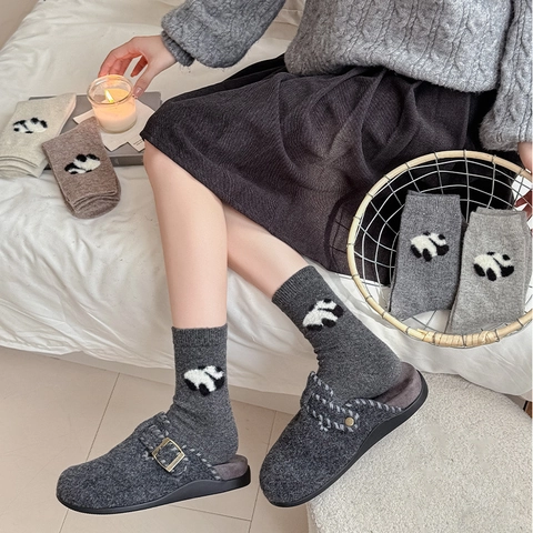 Panda Women Wool Blend Slouch Socks Winter Warm Mid Calf Knitted Thick Cozy Japanese Style