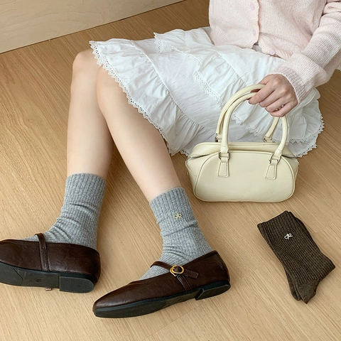 Women Slouch Socks Cotton Ribbed Knit Mid Calf Crew Socks Sweet Bow Decoration Solid Color Korean Japanese Style
