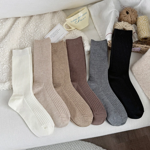 Calcetines Slouch Para Mujer Acanalados Media Pantorrilla Poliéster Cálidos Gruesos Color Sólido Casual Versátil
