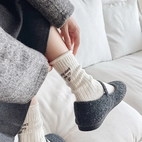 Women Crew Socks Wool Blend Ribbed Warm Autumn Winter Embroidery Letter Korean Lazy Style Slouchy