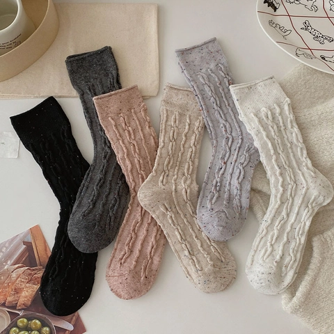 Women Wool Blend Socks Cable Knit Speckled Confetti Yarn Mid Calf Vintage Warm Winter Japanese Style