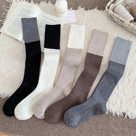 Chaussettes Plissées Pour Femmes Mélange De Laine Tricot Côtelé Color Block Thermique Respirant Style Japonais