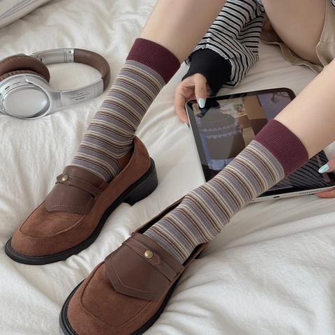 Women Slouch Socks Striped Cotton Blend Contrast Color Retro Korean Style Ribbed Mid-calf Socks