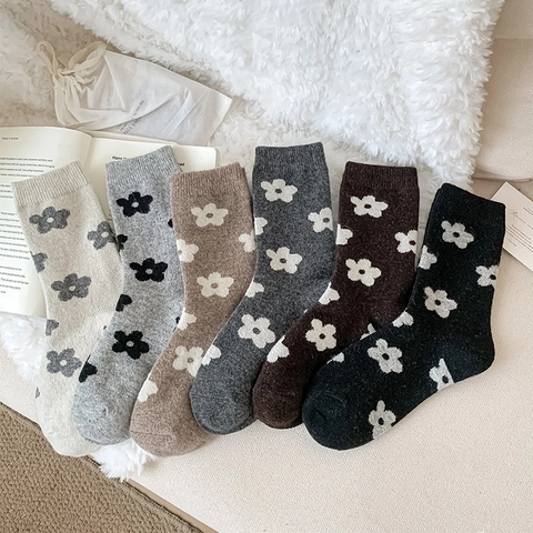 Damen Wadenlange Socken Dick Warm Wollmischung Jacquard Blumenmuster Vintage Süß Winter Slouch Strumpfwaren