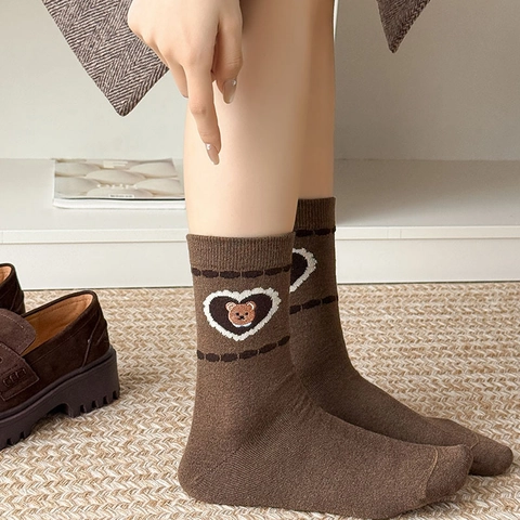 Calze Donna Misto Lana Retro Giapponese Carino Ricamo Orso Cuore Fiocco Volant Caldo Spesso Inverno Polpaccio