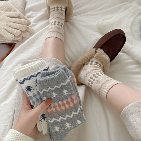 Calze Al Polpaccio Donne Misto Lana Spesso Caldo Inverno Retro Fair Isle Argyle Albero Di Natale Jacquard Traspirante