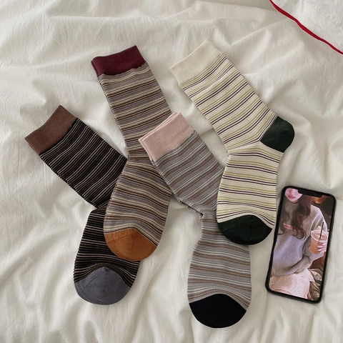 Women Slouch Socks Striped Cotton Blend Contrast Color Retro Korean Style Ribbed Mid-calf Socks