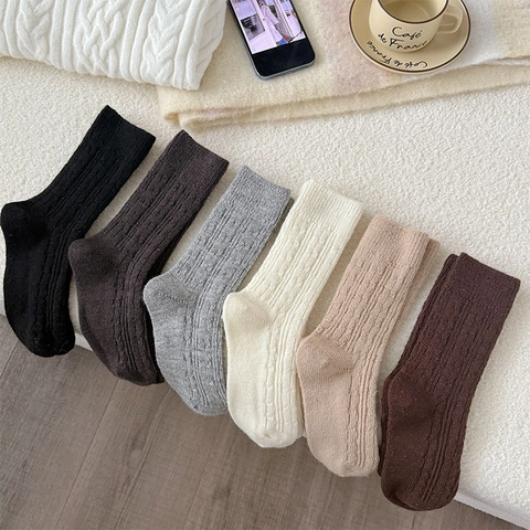 Calcetines De Lana Para Mujer Punto De Torsión Engrosados Térmicos Media Pantorrilla Color Sólido Estilo Vintage Suave Transpirable Moda Japonesa