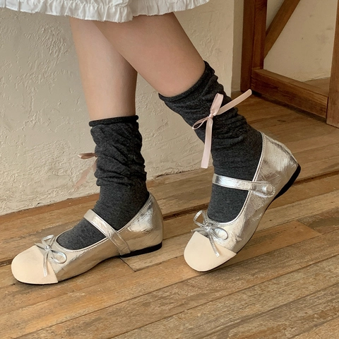 Ballet Ribbon Bow Slouch Socks Cotton Knit Sweet Japanese Style Mid Calf Fashionable Breathable Solid Color Women