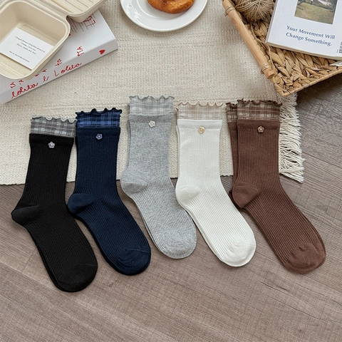 Calze Donna Misto Cotone Quadri Volant Pizzo Wood Ear Bottone Fiore Maglia A Costine Stile Mori